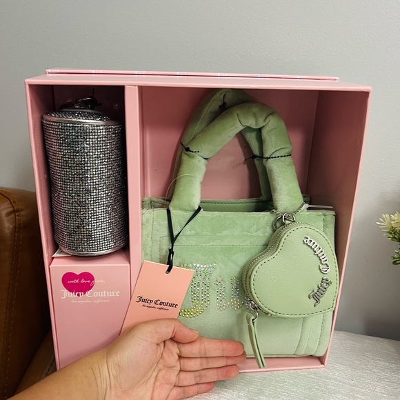 Juicy Couture Sage Green “Big Spender” 3-Piece Tote & Coin Pouch Set - New - Picture 3 of 9